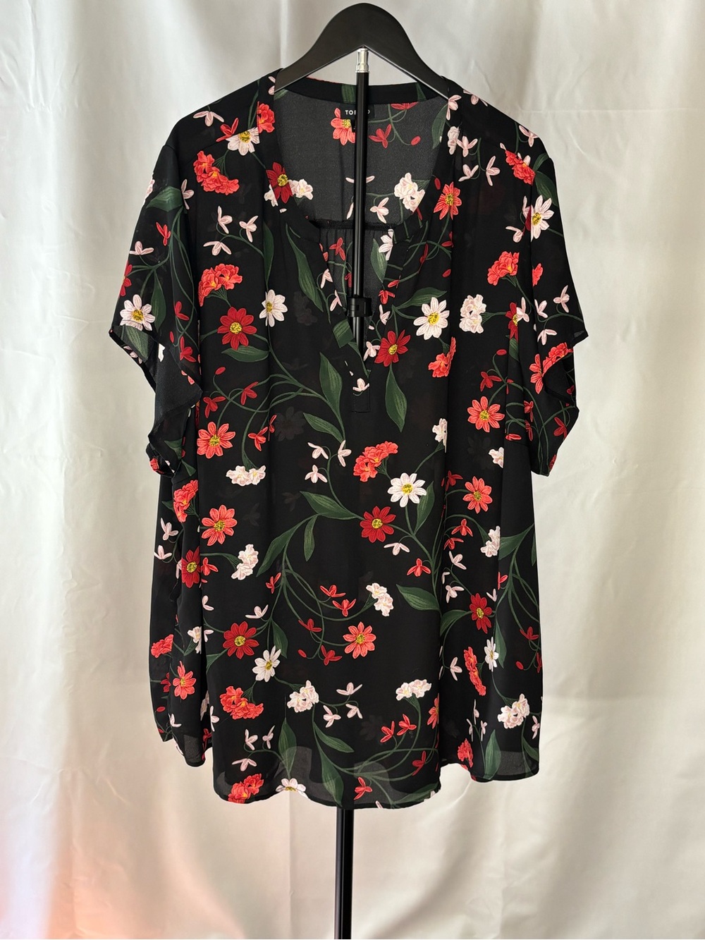 Torrid Black Short-Sleeve Blouse with Floral Accents Plus
